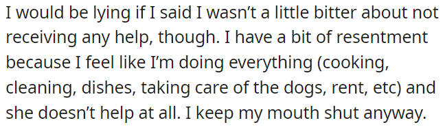 OP feels bitter about doing everything without any help, but she keeps quiet about it.