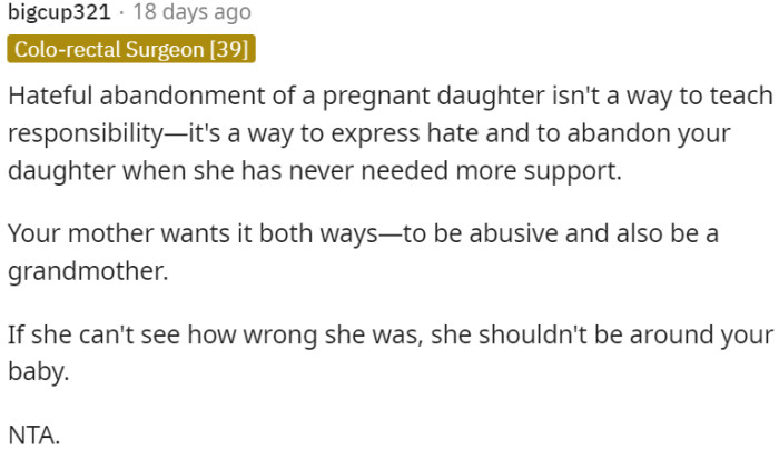 Abandonment of a pregnant daughter is not a form of teaching responsibility
