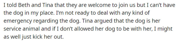 OP welcomed Beth and Tina to the party but explained that the service dog couldn't be accommodated. Tina argued that if her dog couldn't be with her, she should be asked to leave too.