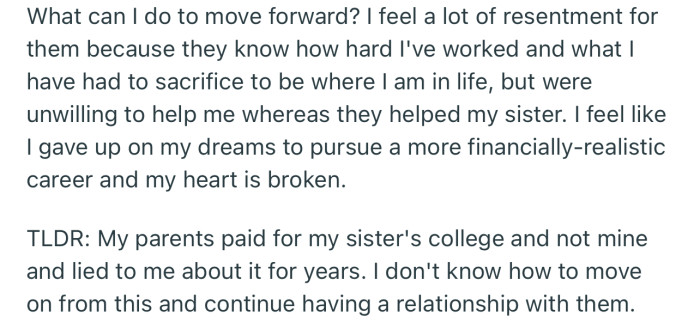 Unfortunately, OP now feels a lot of resentment towards their parents