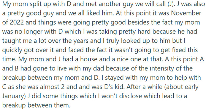 In November 2022, OP's mother had a second divorce and met a new guy.