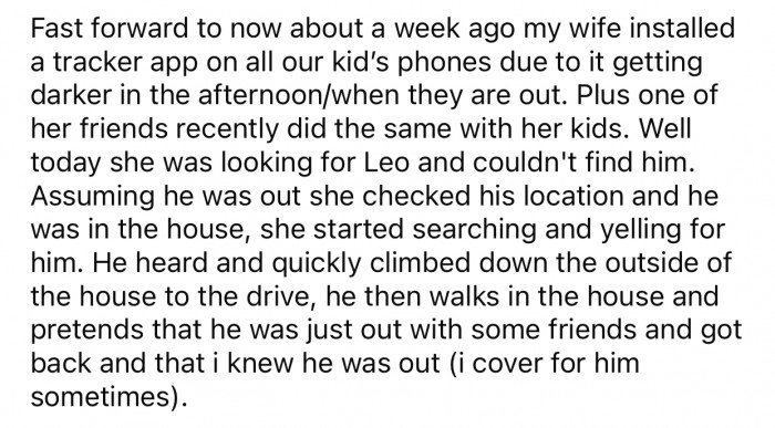 OP's wife installed a tracker app on their children's phones that almost busted Leo.
