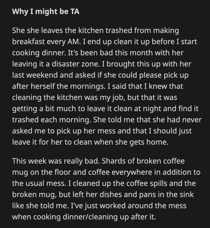 Other than that, OP left all of the mess she created when she made her breakfast, and it was a lot.