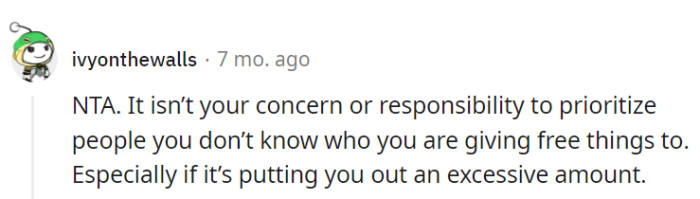 OP's generosity doesn't come with a personal delivery service.