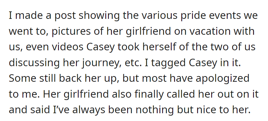 OP's post on pride events got apologies after Casey's accusations; even her girlfriend acknowledged the parent's kindness.