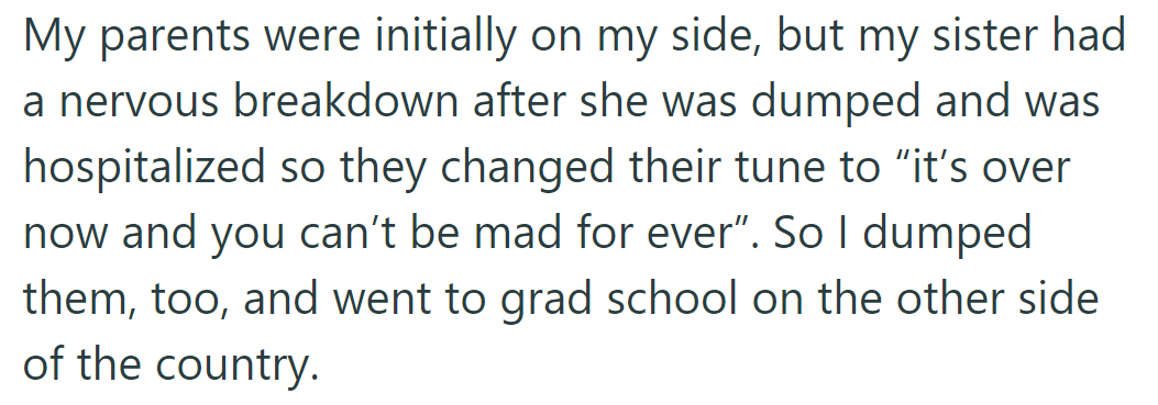 Sister's breakdown spurs forgiveness push. Feeling betrayed, OP heads to distant grad school.