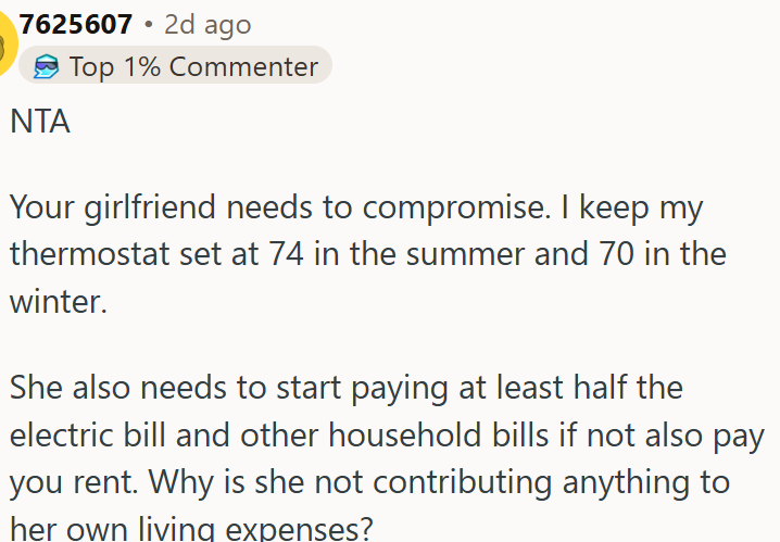 Girlfriend should share expenses and compromise on thermostat settings
