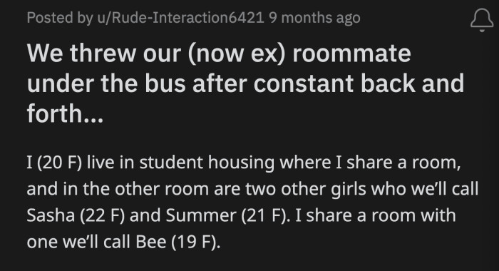 Bee never cleaned up after her cat. Their room reeked, the cat destroyed a carpet and one of OP's uniforms. They couldn't even scold it without Bee flipping out.