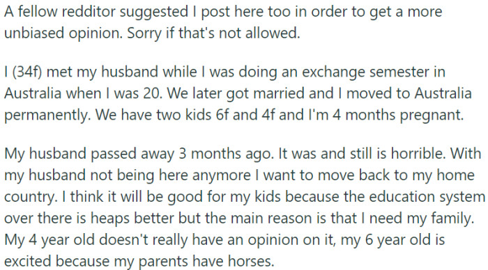 A grieving Redditor contemplates moving back to her home country after her husband's passing