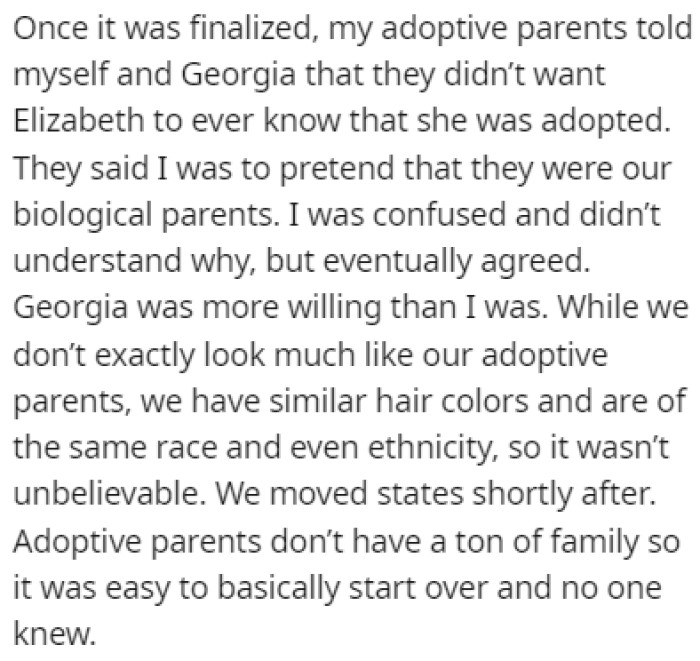 The adoptive parents told OP and their biological daughter, Georgia, that they can't tell Elizabeth that she was adopted