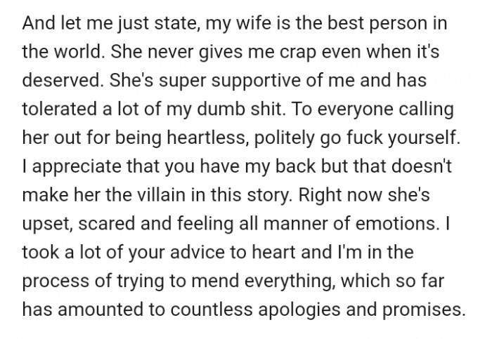 The author came out to defend his wife while also assuring her of doing better next time