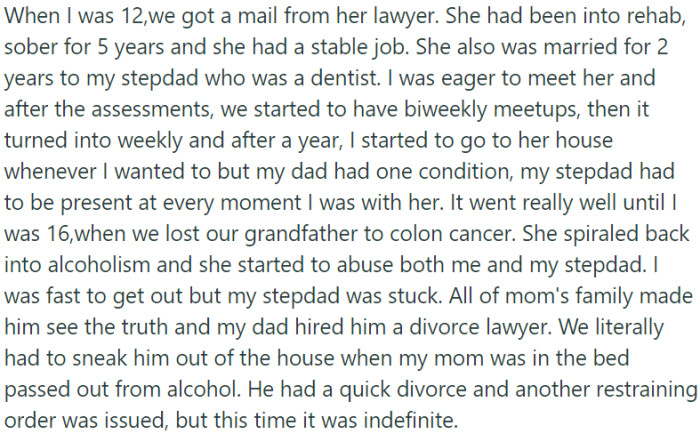Reunion turns to turmoil as mother's relapse into alcoholism leads to abuse, divorce, and a new restraining order