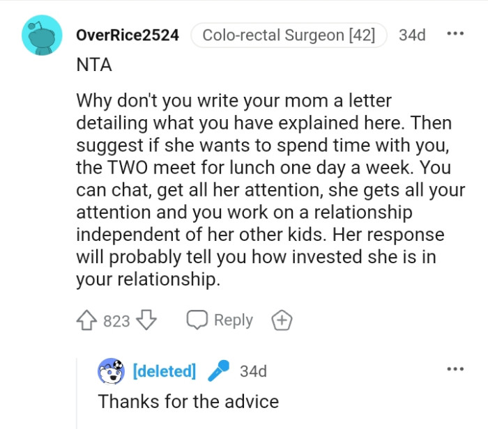 The mom's response will tell him how invested she is in their relationship
