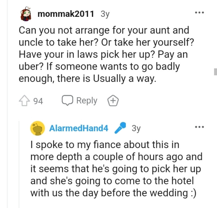 The OP's fiancé will go pick her up