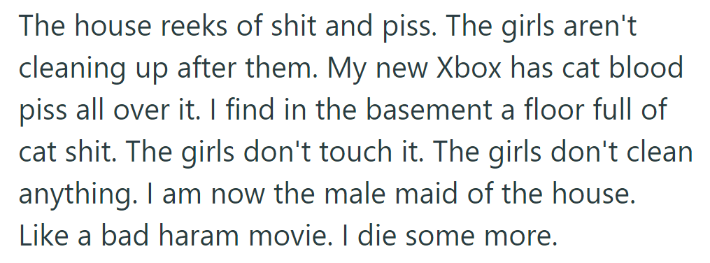 The house reeks of waste, with the girls neglecting cleanup. Cat messes ruin their new Xbox.