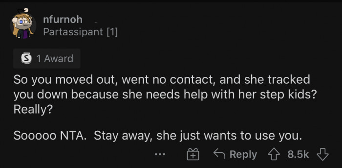 OP's mother had to literally track her down to ask such a huge favor.