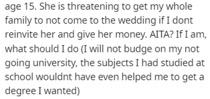 OP's mom is threatening to turn the whole family against her if she's not invited