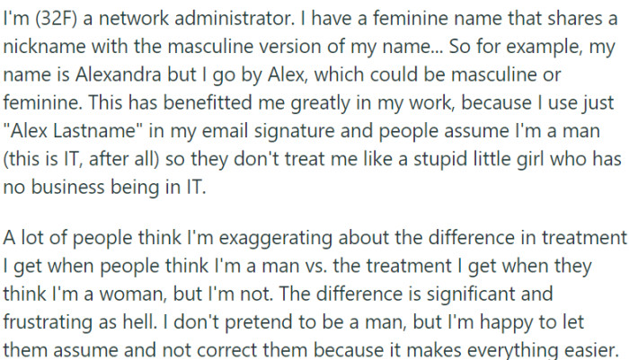 OP discovered an unexpected advantage stemming from her choice of an androgynous name
