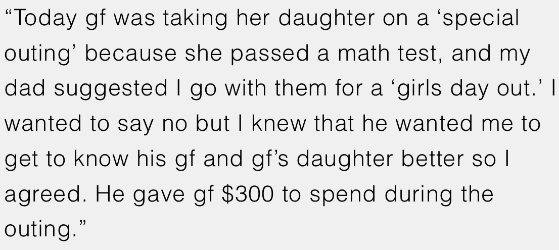 Dad obviously missed the memo that 'special outing' was code for 'exclusive club; members only.' Poor OP was thrown into the mix against her will like a skunk at a garden party