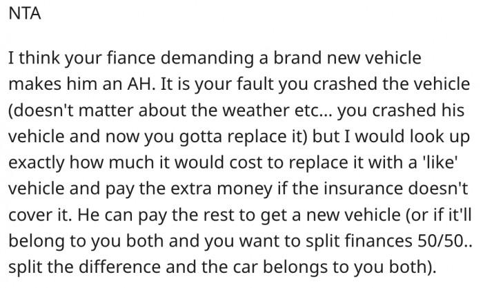 17. Her fiancé is the a-hole for wanting her to replace his old car with a new one.