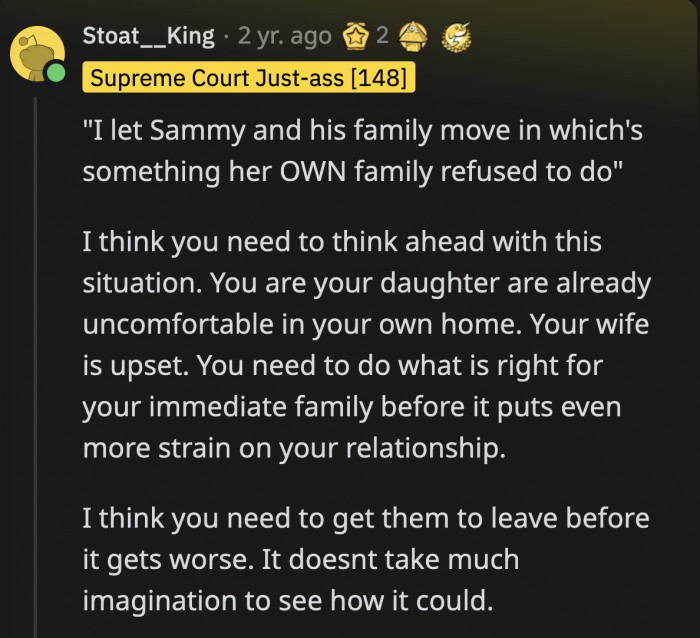 Family be damned, Sammy and his daughters will be out of my house if I were in OP's shoes.