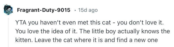 “The little boy actually knows the kitten. Leave the cat where it is and find a new one.”