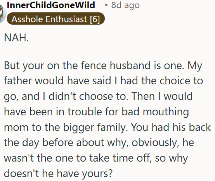 The husband sitting on the fence is the real problem in this situation