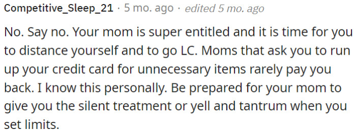OP's Mom's Entitlement Isn't His Responsibility.