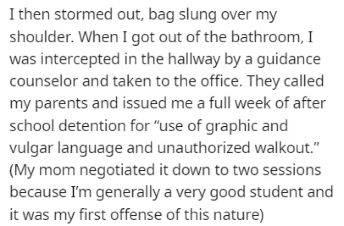 OP stormed out of the classroom after the exchange