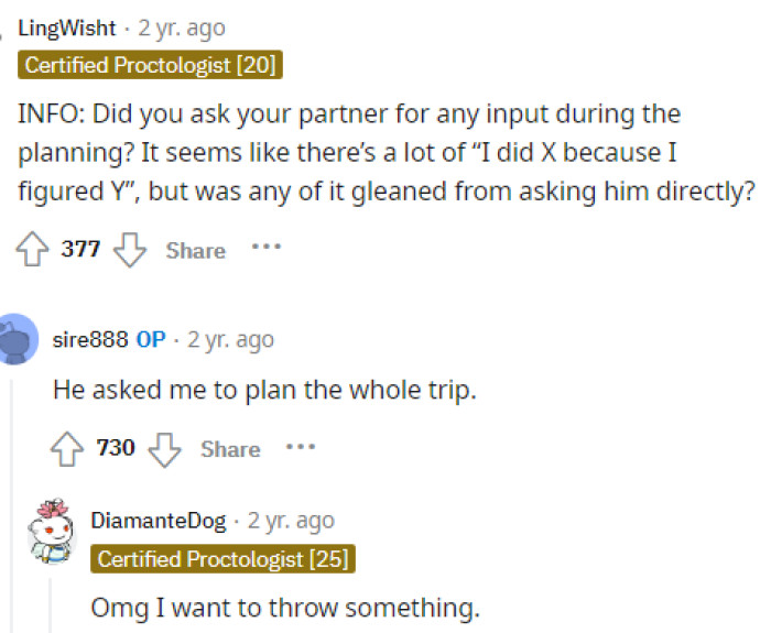 Some people were concerned about whether she asked him about anything or if he asked her to plan everything, and she provided an answer in the comments.