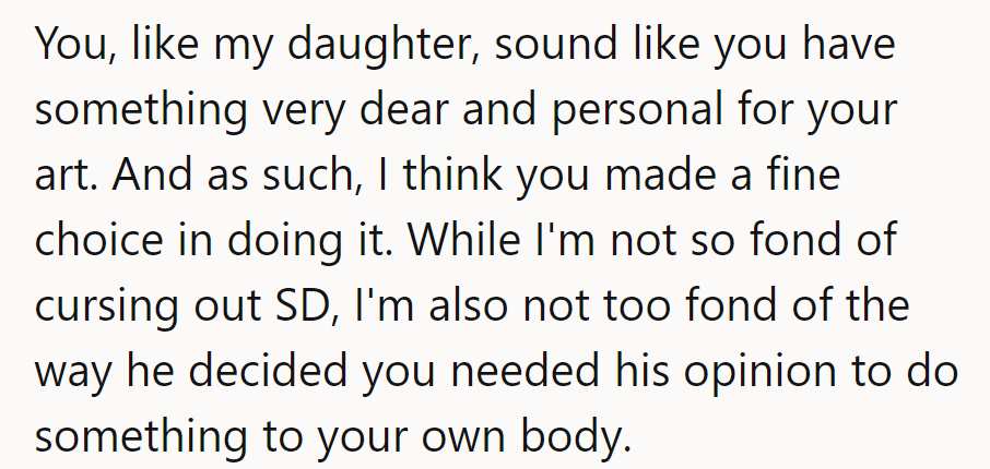 Artistic independence: one ink stroke at a time. SD's opinions? Best kept to himself, like a secret tattoo.