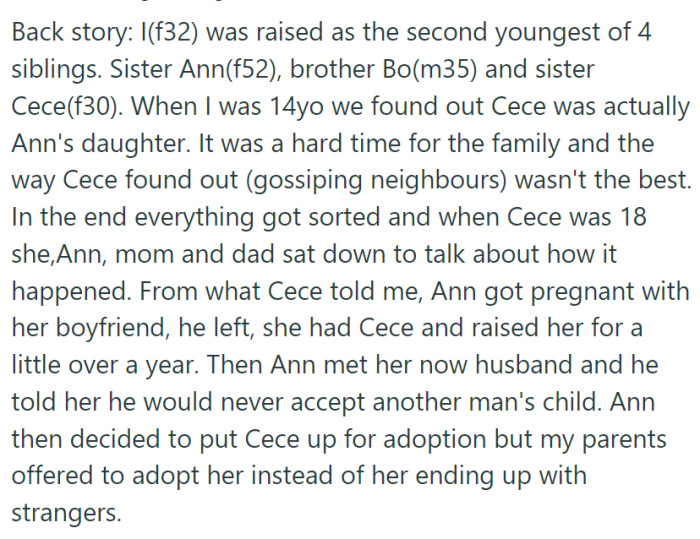 Growing up, the woman believed she was the second youngest of four siblings, with two sisters—Ann and Cece—and a brother named Bo.