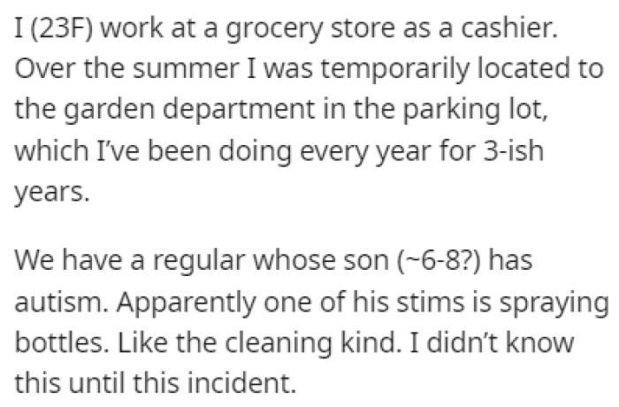 OP works at a grocery as a cashier and the store has a regular customer who comes over with her son who has autism