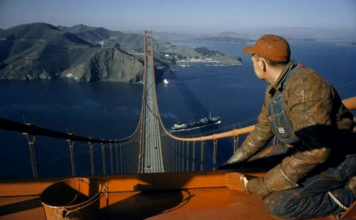 A Worker Paints The Golden Gate Bridge With A Fresh Coat Of Its Iconic Color, 1956