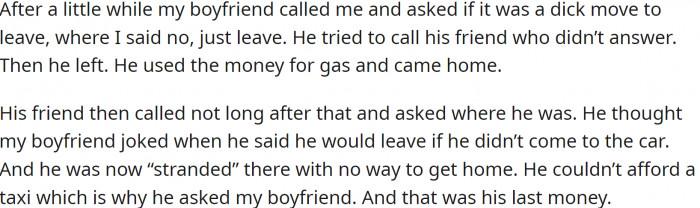 The friend made BF wait for 30 minutes outside in the car. He decided to leave