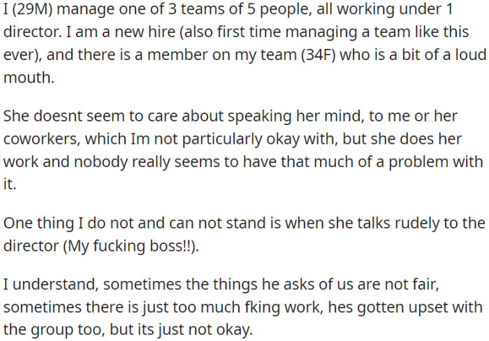 OP managing a team of 5 under a director. One of the team members is good at her job, but her behavior towards the director, OP's boss, is unacceptable.