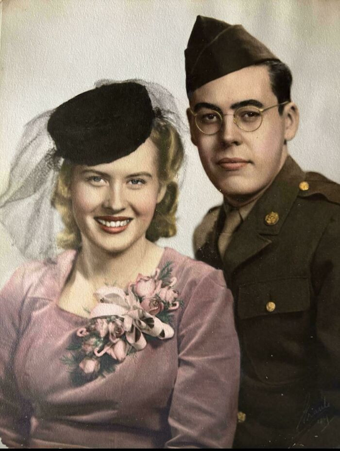 "My Grandparents' Wedding Photo Right Before He Was Shipped Off. Their Wedding Was 10/07/1944. My Grandmother Hand Tinted The Photo Herself"