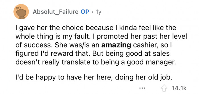 The employee's performance was amazing before the promotion.