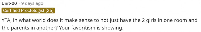 This is definitely something that we were all thinking. I was wondering why she didn't put the two children in the same room and leave the parents in their own room.