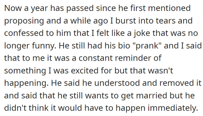 A year later, she tearfully confronted him about feeling like a joke with the Instagram bio 