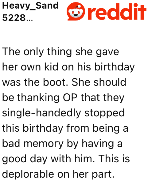 The OP gets this kind of treatment when all her sister gave was a boot? She wasn't even present for her son's birthday.