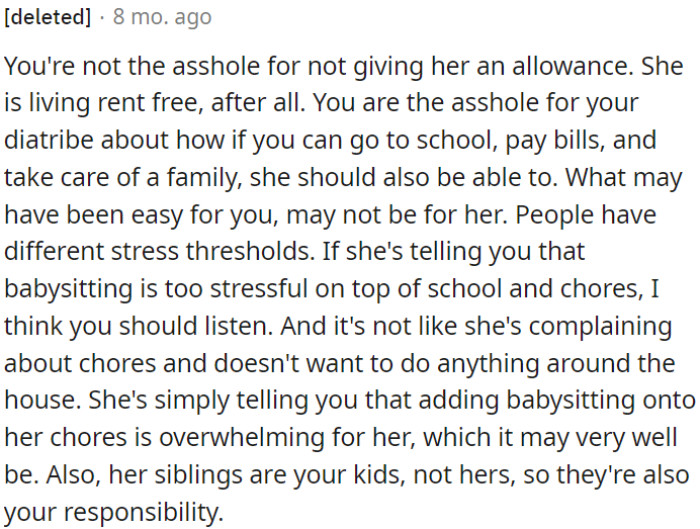 Her primary responsibility is not OP's kids; they are his responsibility.