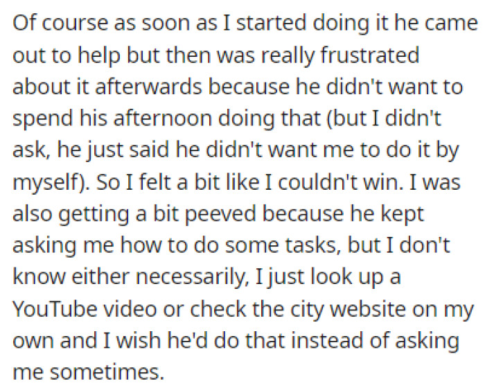 The boyfriend helped OP but he wasn't happy to do so