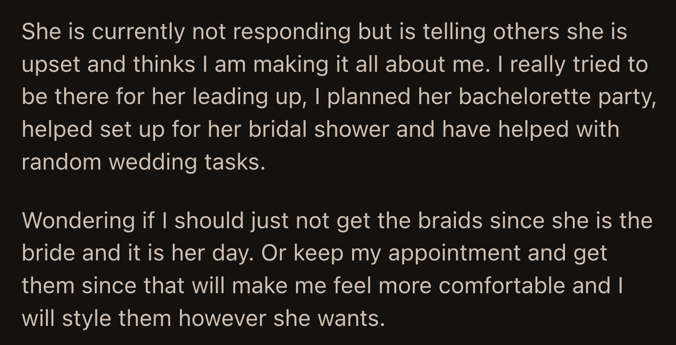 Would OP be wrong to stand her ground?