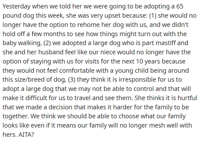 OP's sister was upset because they adopted a 65-pound dog, feeling it would make it harder for the family to be together due to safety and compatibility concerns.