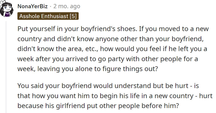 Redditor told her to try to see things from her boyfriend's perspective