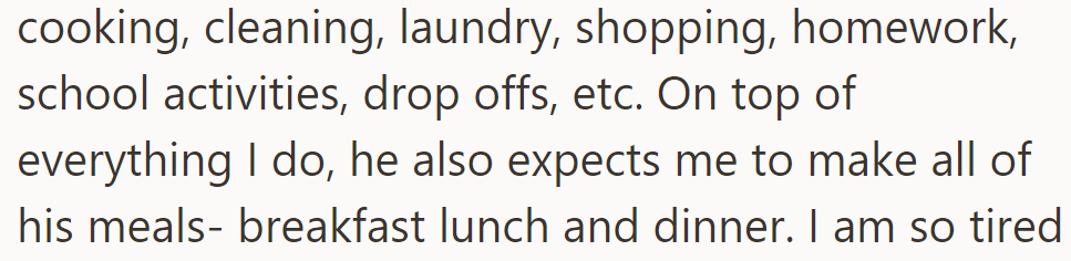 She handles all household chores and her husband's meals—breakfast, lunch, and dinner.