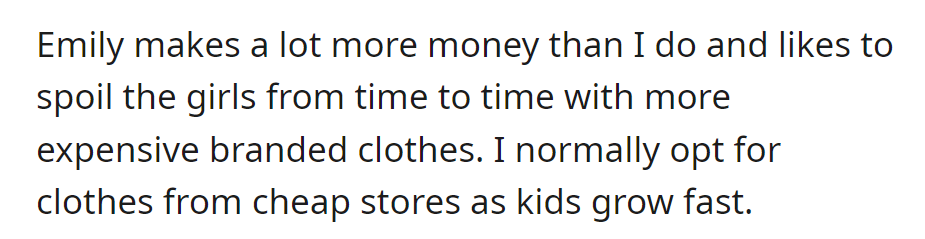 Emily buys pricey clothes; he opts for budget-friendly ones due to Isla's rapid growth.