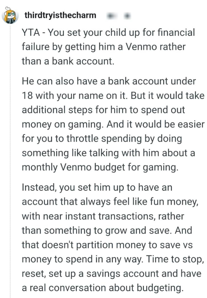 The OP set his child up for financial failure