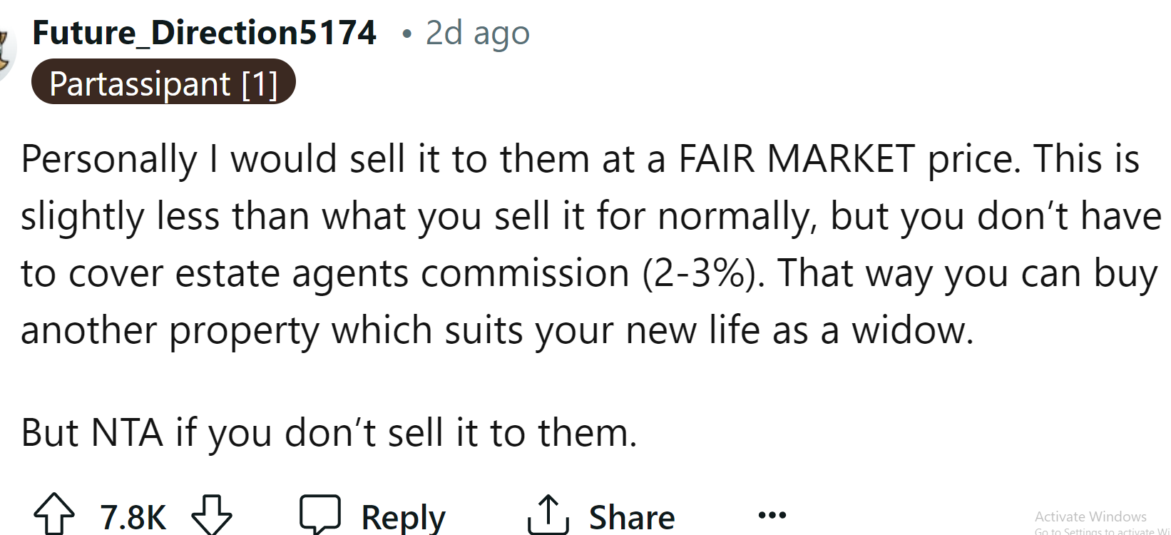 A Redditor said she was not in the wrong but advised her to sell them the house